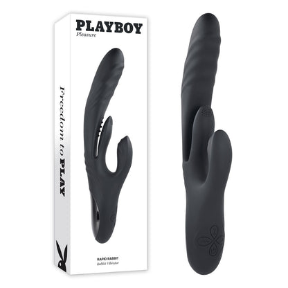 Black rabbit-shaped toy with 'Playboy' branding on a white background