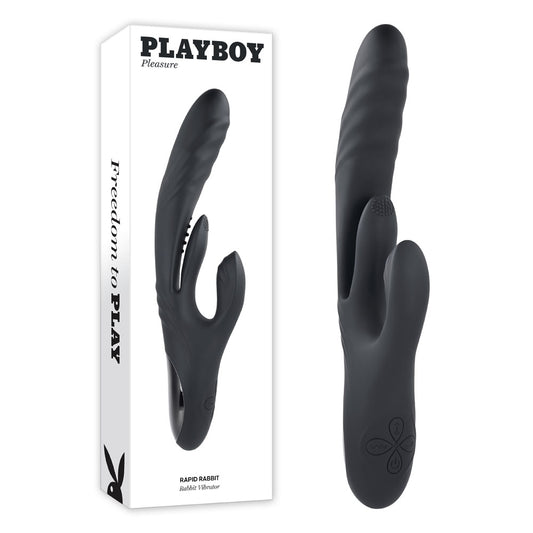 Black rabbit-shaped toy with 'Playboy' branding on a white background
