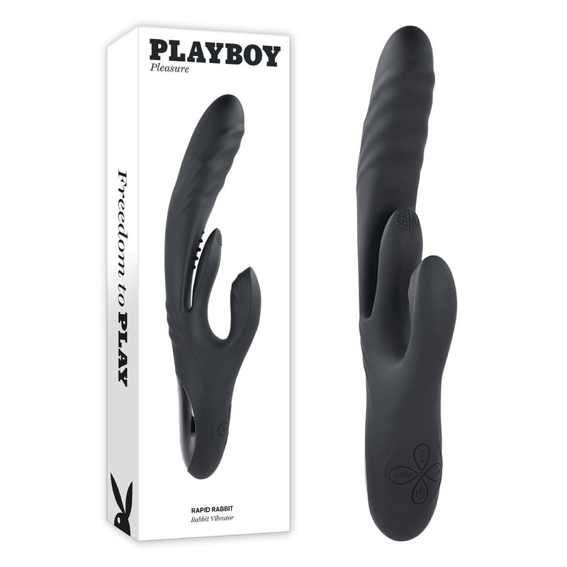 Black rabbit-shaped toy with 'Playboy' branding on a white background