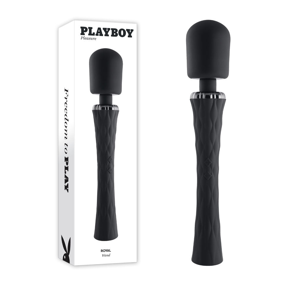 Black massage wand with packaging featuring the Playboy logo on a white background