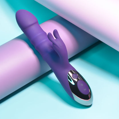 Purple and silver electronic device on a gradient background