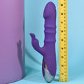 Purple and gray toy with a yellow measuring tape on a blue background