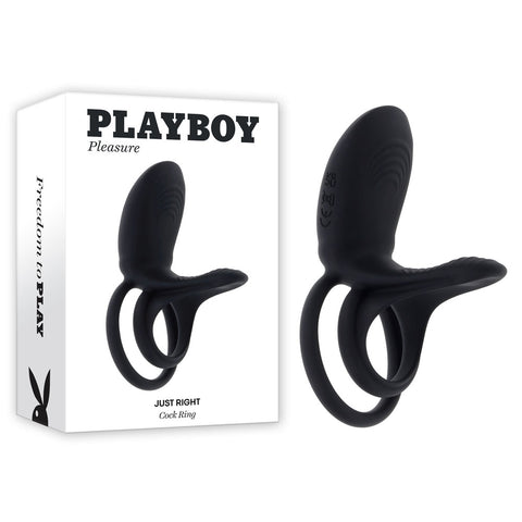 Playboy Pleasure JUST RIGHT - Black USB Rechargeable Vibrating Cock & Balls Rings - Image 1