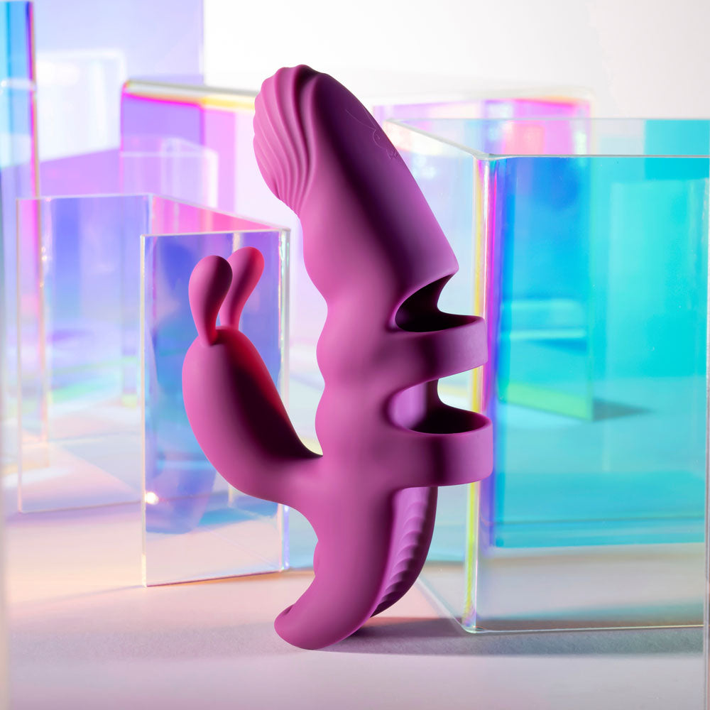 Purple abstract sculpture against a colorful, transparent glass background