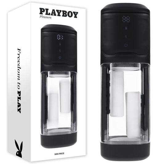 Playboy Pleasure SIDE PIECE. The stroker shown with its retail packaging on white.