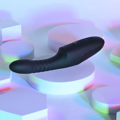 Black electronic device on a colorful geometric background