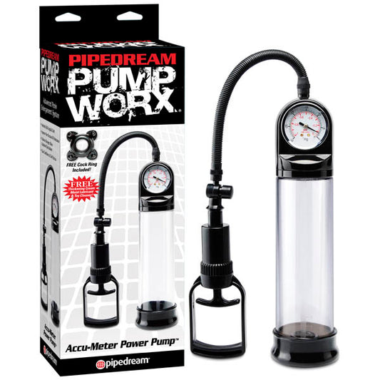 Pump Worx Accu-Meter Power Pump. Studio photo of the black product on a white background.
