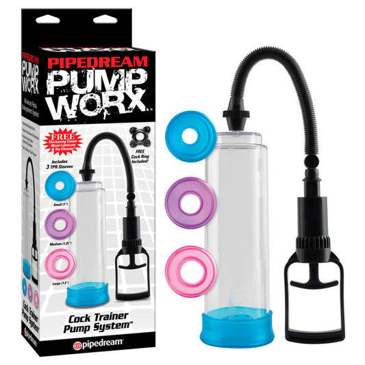 Pump Worx Cock Trainer Pump System. Studio photo of the clear product on a white background.
