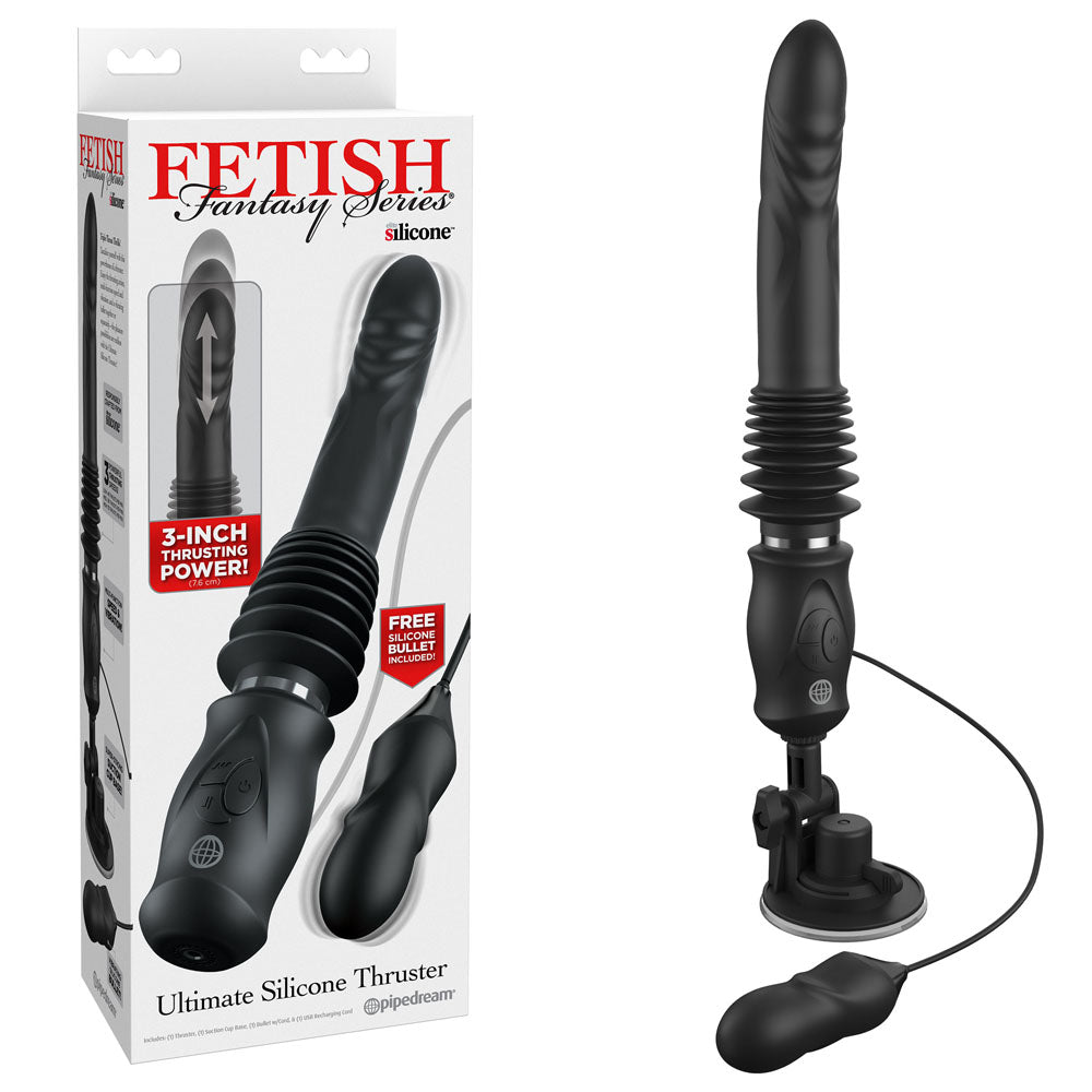 Black silicone thruster with packaging labeled 'Fetish Fantasy Series' on a white background