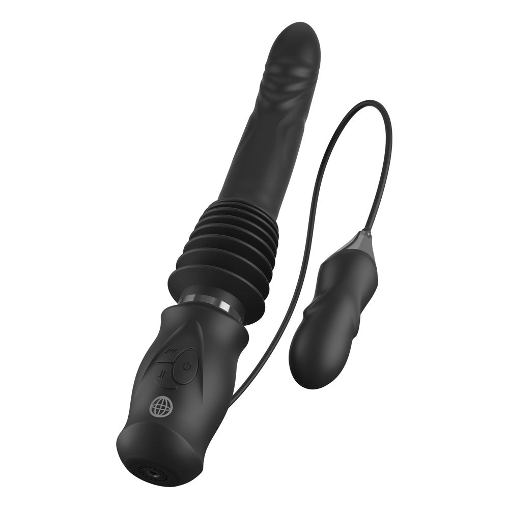 Black electronic device with a cord on a white background