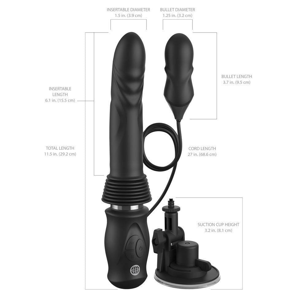 Black male enhancement device with measurements on a white background