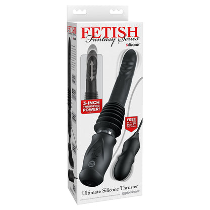 Package of a black silicone thuster with 'Fetish Fantasy Series' branding on a white background.