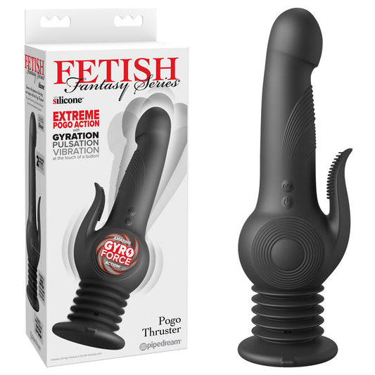 Black pogo thruster with packaging labeled 'Fetish Fantasy Series' on a white background