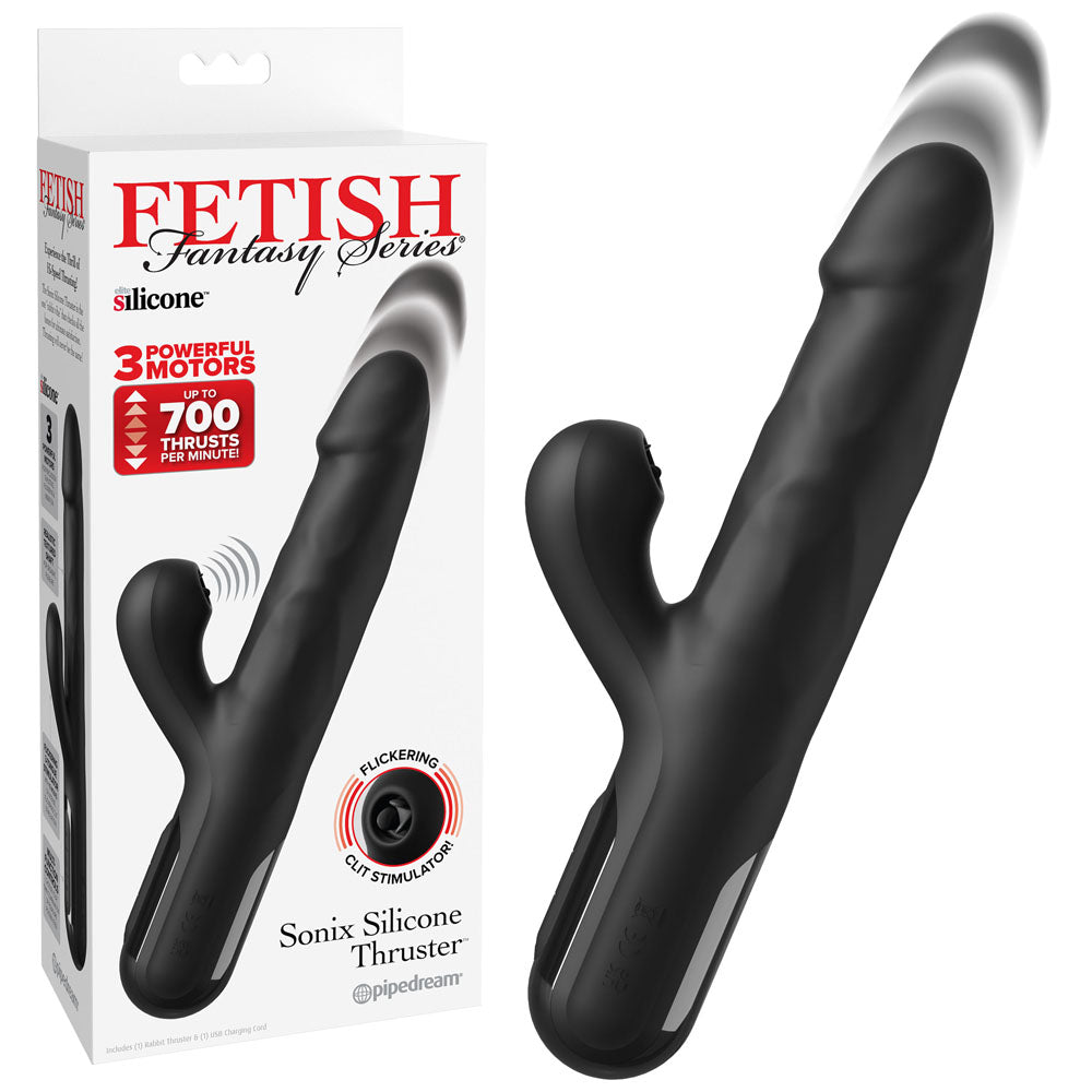 Black silicone thruster with packaging labeled 'Fetish Fantasy Series' on a white background