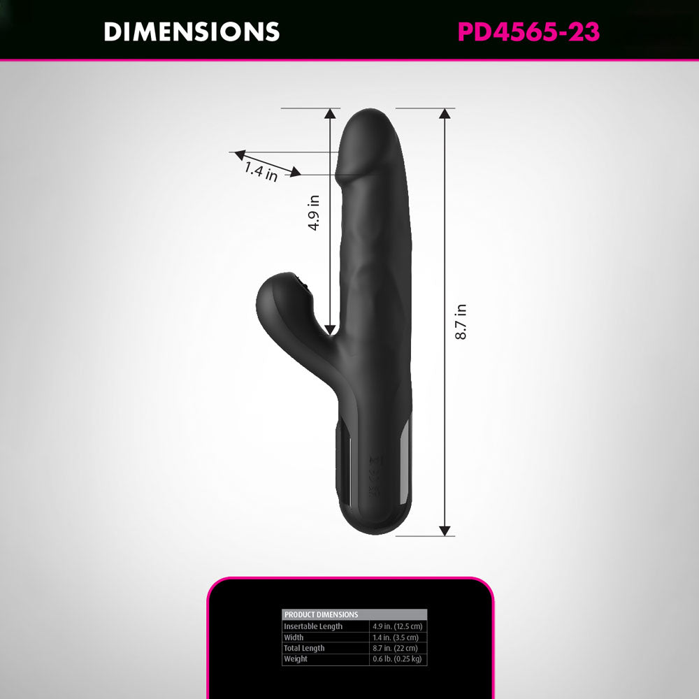 Black toy with dimensions labeled on a gray background