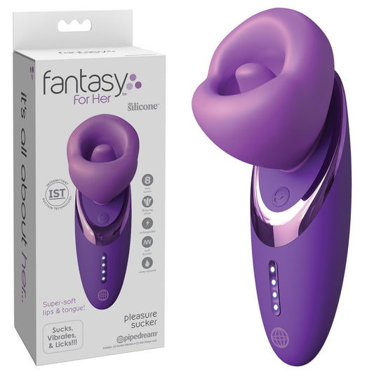Purple pleasure sucker with packaging labeled 'fantasy For Her' on a white background