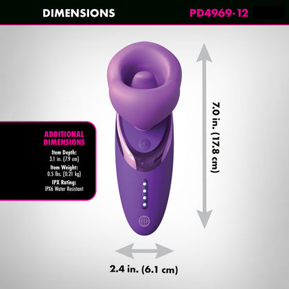 Purple electronic device with dimensions labeled on a gray background