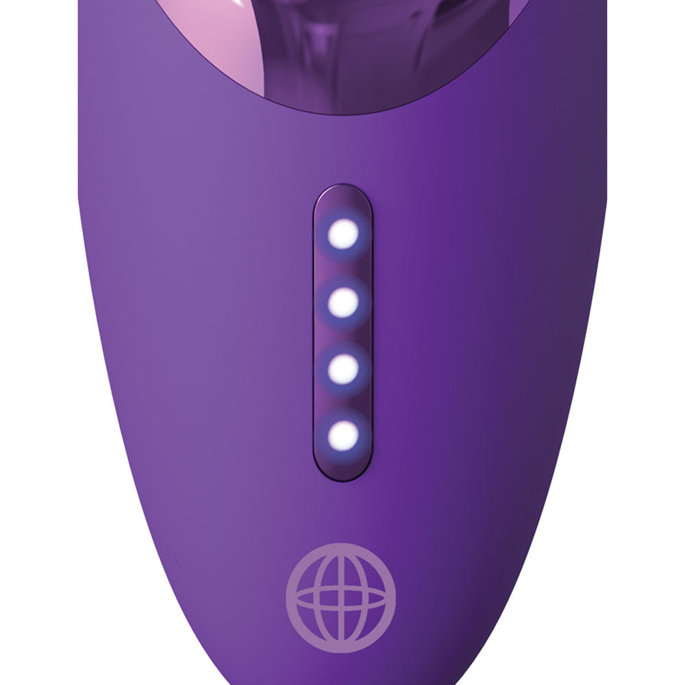 Purple electronic device with LED lights on a white background