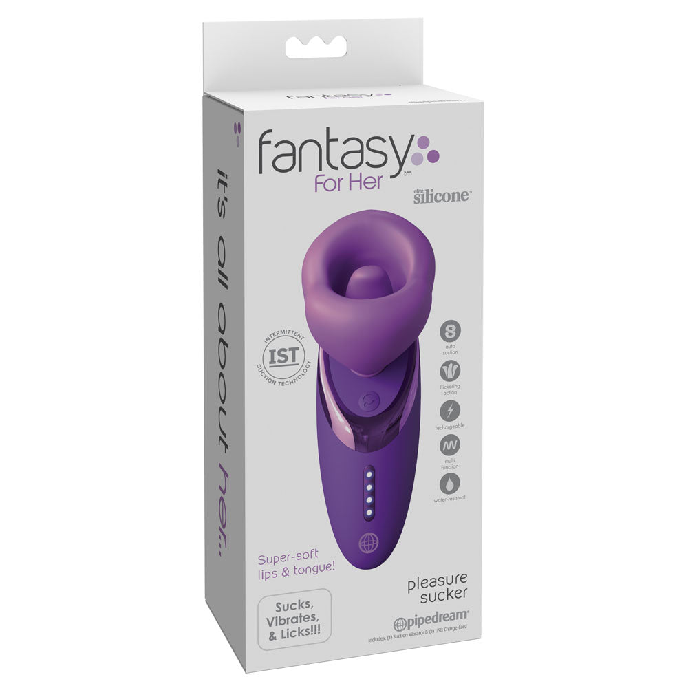 Purple pleasure sucker packaging with 'fantasy for her' branding on a white background