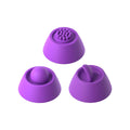 Three purple silicone tips on a white background