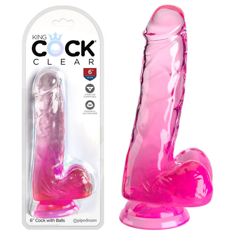 King Cock Clear 6'' Cock with Balls - Pink - Pink 15.2 cm Dong - Image 1
