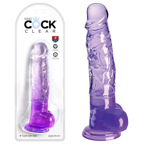 King Cock Clear 8'' Cock with Balls - Purple - Purple 20.3 cm Dong - Image 1
