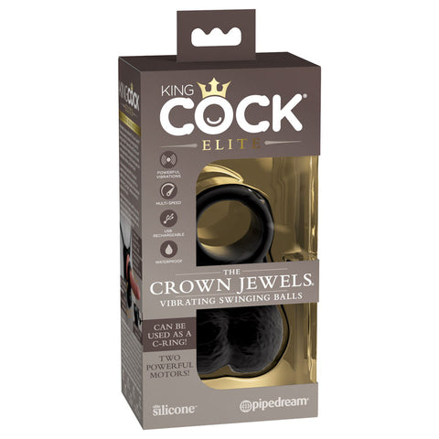 King Cock Elite The Crown Jewels Vibrating Silicone Balls - Black USB Rechargeable Vibrating Cock Ring - Image 1