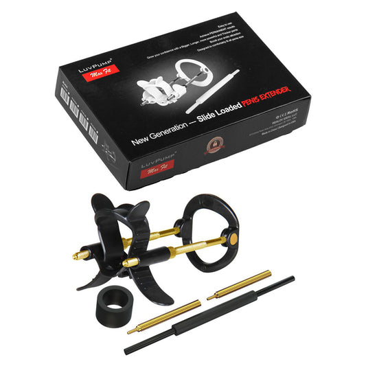 LuvPump Max Fit Hybrid Penis Extender. The black product shown with its retail packaging on white, another angle.