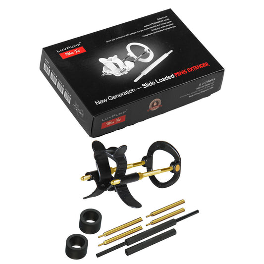 LuvPump Max Fit Luxury Penis Extender. The black product shown with its retail packaging on white, another angle.