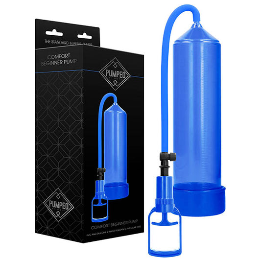 Pumped Comfort Beginner Pump Penis Pump. The blue product shown with its retail packaging on white.