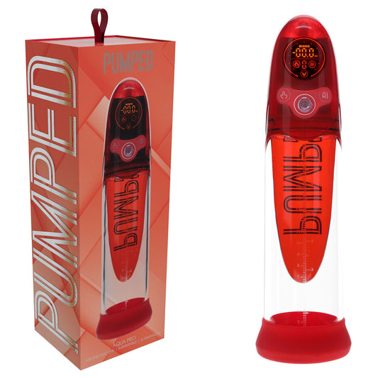 PUMPED -Pro Auto Pump / AI-Enabled Submersible Auto Penis Pump. Studio photo of the red product on a white background, another angle.