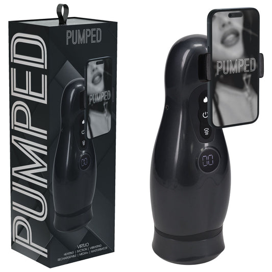 PUMPED Virtuo - Gunmetal Grey/Clear USB Rechargeable Sucking And Vibrating Auto Masturbator