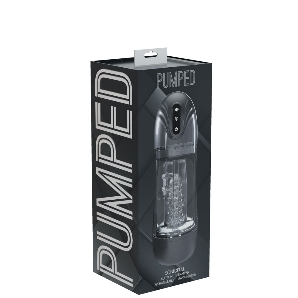 PUMPED SonicPull - Gunmetal Grey/Clear USB Rechargeable Sucking And Vibrating Auto Masturbator