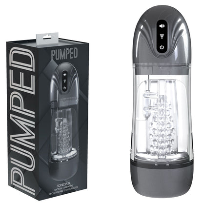 PUMPED SonicPull - Gunmetal Grey/Clear USB Rechargeable Sucking And Vibrating Auto Masturbator