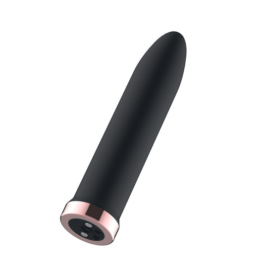 Passion Play Rechargeable Vibrating Bullet. Full view of the black bullet on a white background, wider framing.