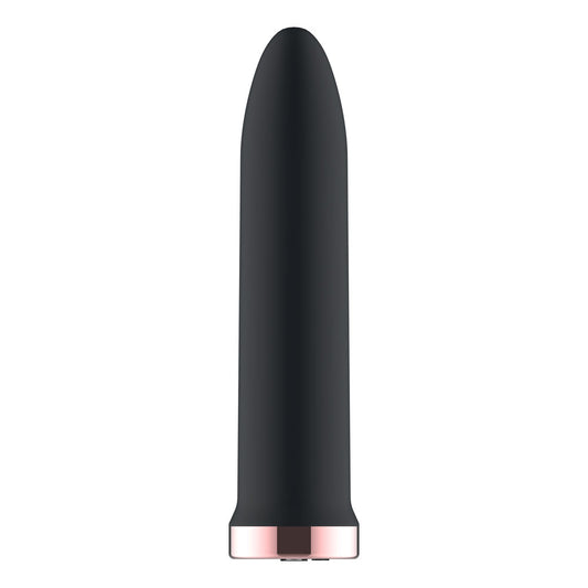 Passion Play Rechargeable Vibrating Bullet. Full view of the black bullet on a white background, another angle.