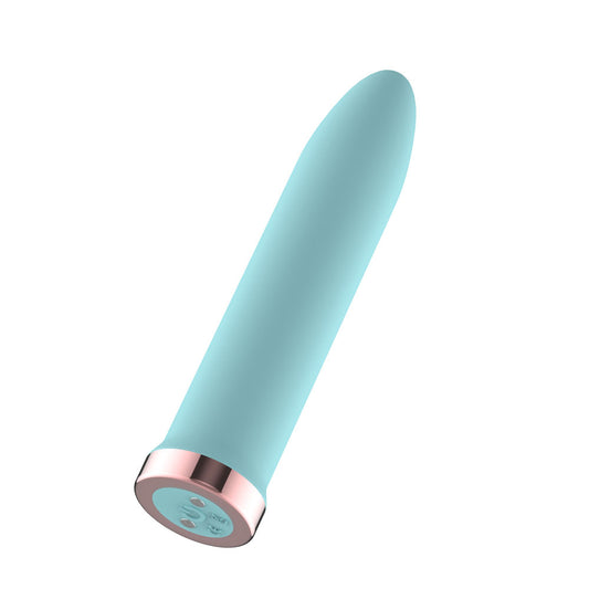 Passion Play Rechargeable Vibrating Bullet. Full view of the blue bullet on a white background, wider framing.