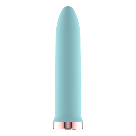 Passion Play Rechargeable Vibrating Bullet. Full view of the blue bullet on a white background, another angle.