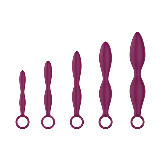 Passion Play Silicone Dilator Set. Full view of the purple product on a white background, wider framing.