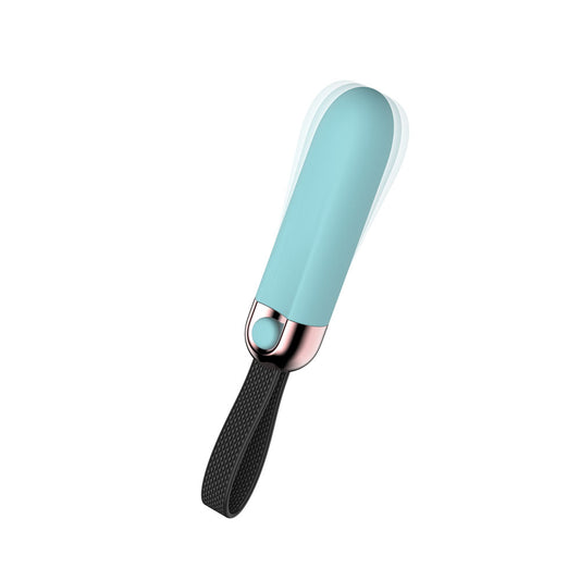 Passion Play Vibrating Bullet. Full view of the blue bullet on a white background, wider framing.
