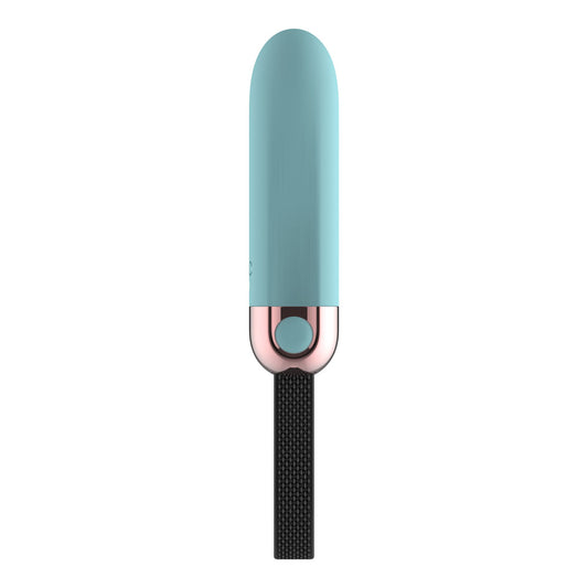 Passion Play Vibrating Bullet. Full view of the blue bullet on a white background, another angle.