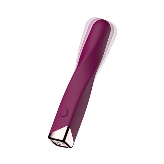 Passion Play Rechargeable Vibrating Bullet. Full view of the purple bullet on a white background, wider framing.