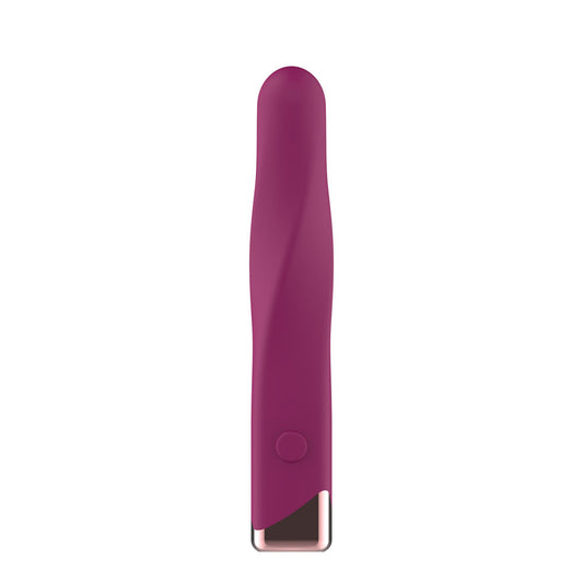Passion Play Rechargeable Vibrating Bullet. Full view of the purple bullet on a white background, another angle.