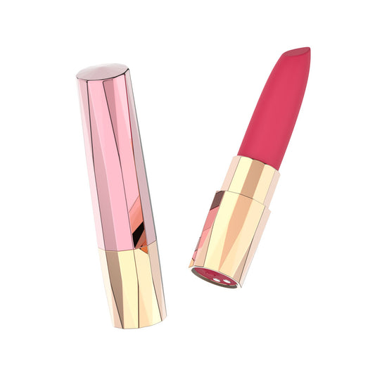 Passion Play Rechargeable Lipstick Vibe. Full view of the pink vibrator on a white background, wider framing.