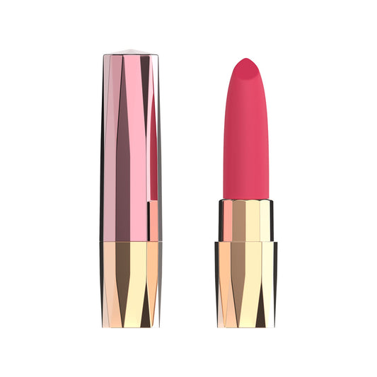 Passion Play Rechargeable Lipstick Vibe. Full view of the pink vibrator on a white background, another angle.