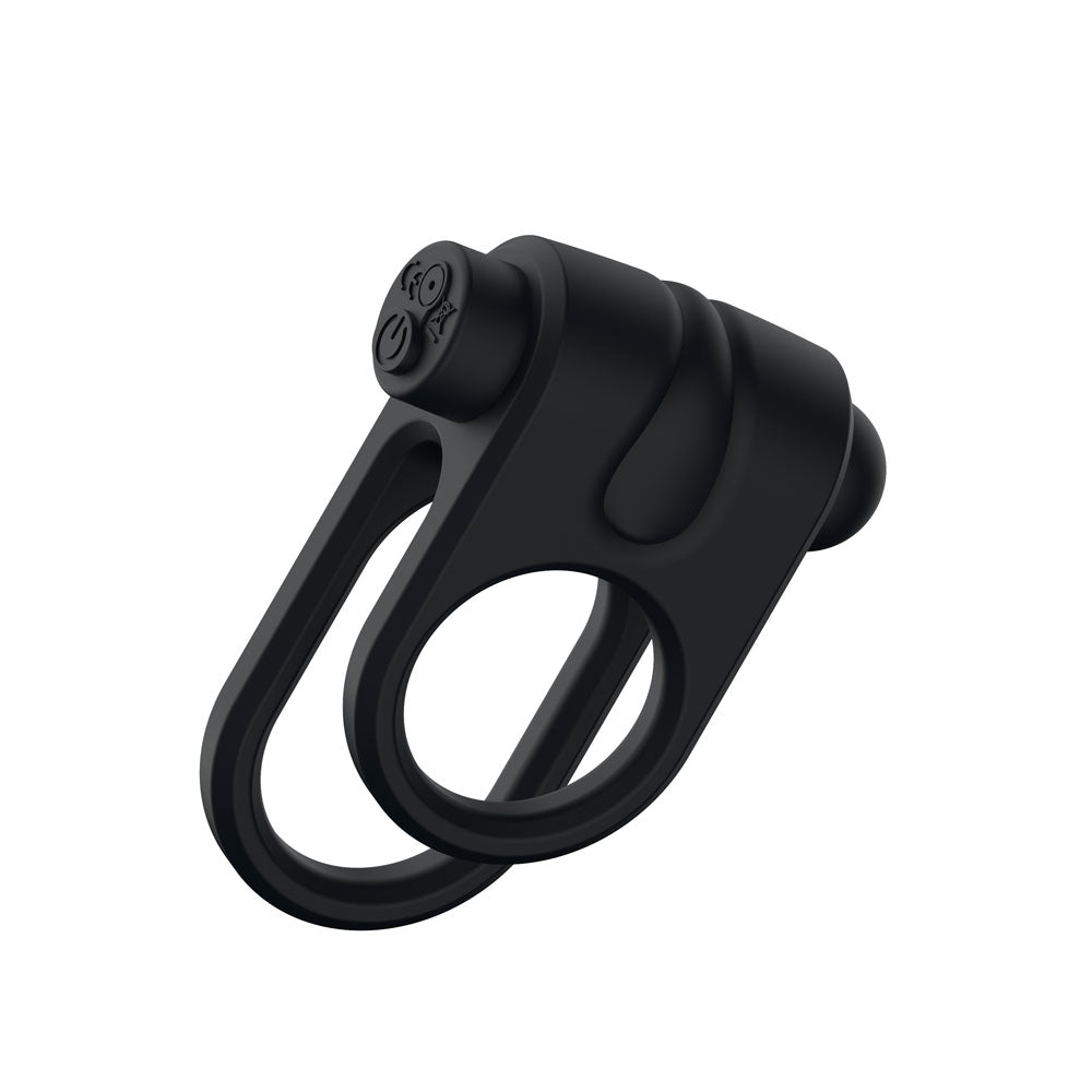 Passion Play Silicone Vibrating Dual Cockring - Black Cock & Balls