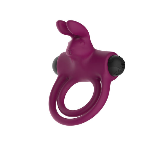 Passion Play Silicone Rabbit Vibrating Cockring. Full view of the purple ring on a white background, wider framing.
