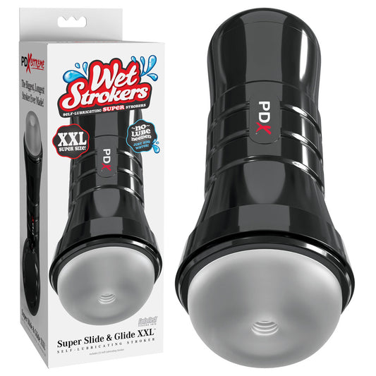 PDX Wet Pussies Super Slide & Glide XXL. The clear stroker shown with its retail packaging on white, tighter crop.