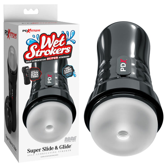 PDX Extreme Wet Strokers Super Slide & Glide. Close-up of the clear stroker on a white background.