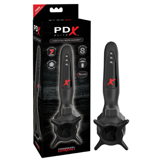 PDX Elite Vibrating Roto-Sucker. The black stroker shown with its retail packaging on white.